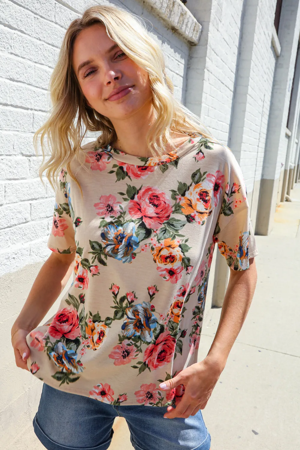Weekend Ready Taupe Floral Print Short Sleeve Top sold by Charming Charlie product image thumbnail 2