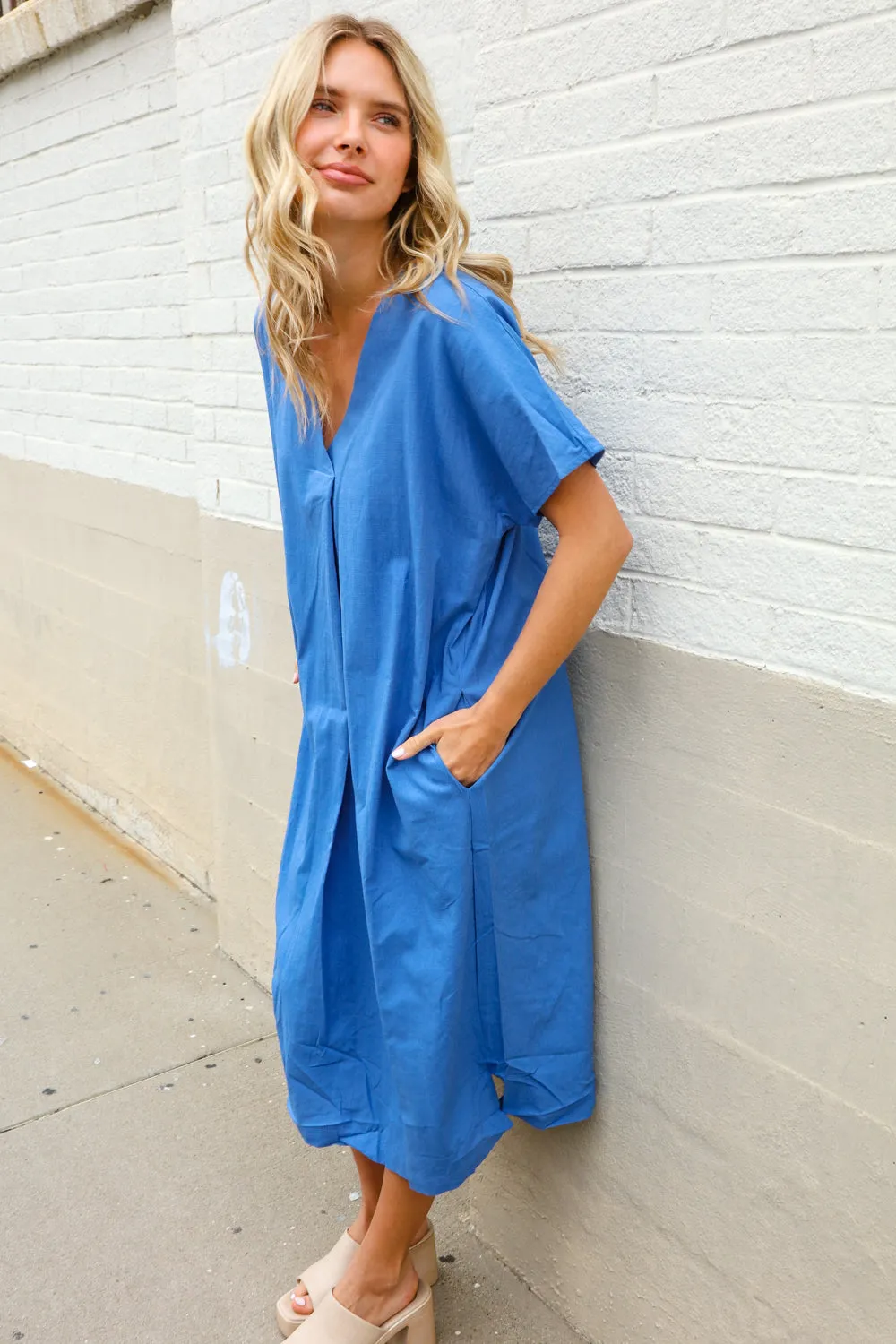 Casual Chic Blue Cotton V Neck Pocketed Midi Dress sold by Charming Charlie product image thumbnail 4