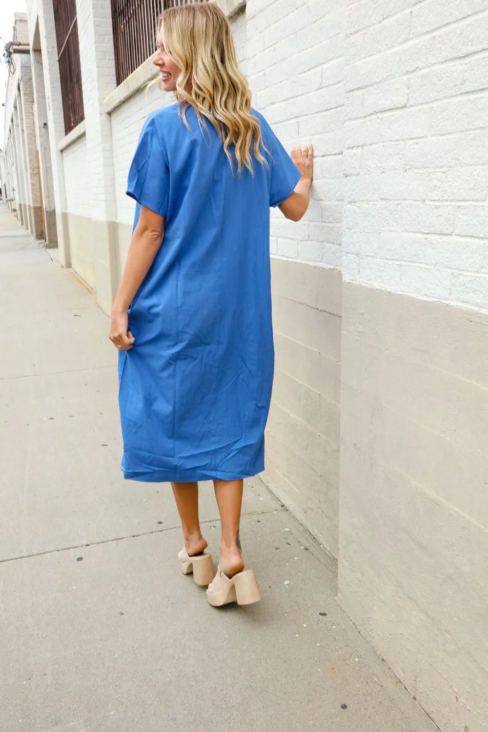 Casual Chic Blue Cotton V Neck Pocketed Midi Dress sold by Charming Charlie product image thumbnail 3