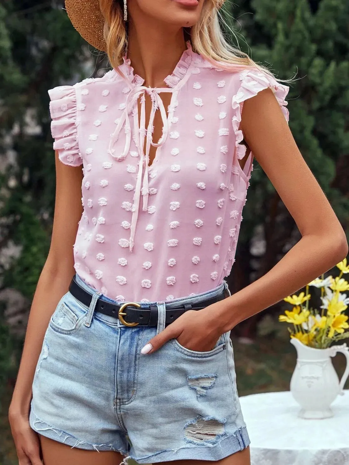 Frill Tie Neck Cap Sleeve Blouse sold by Charming Charlie product image thumbnail 4