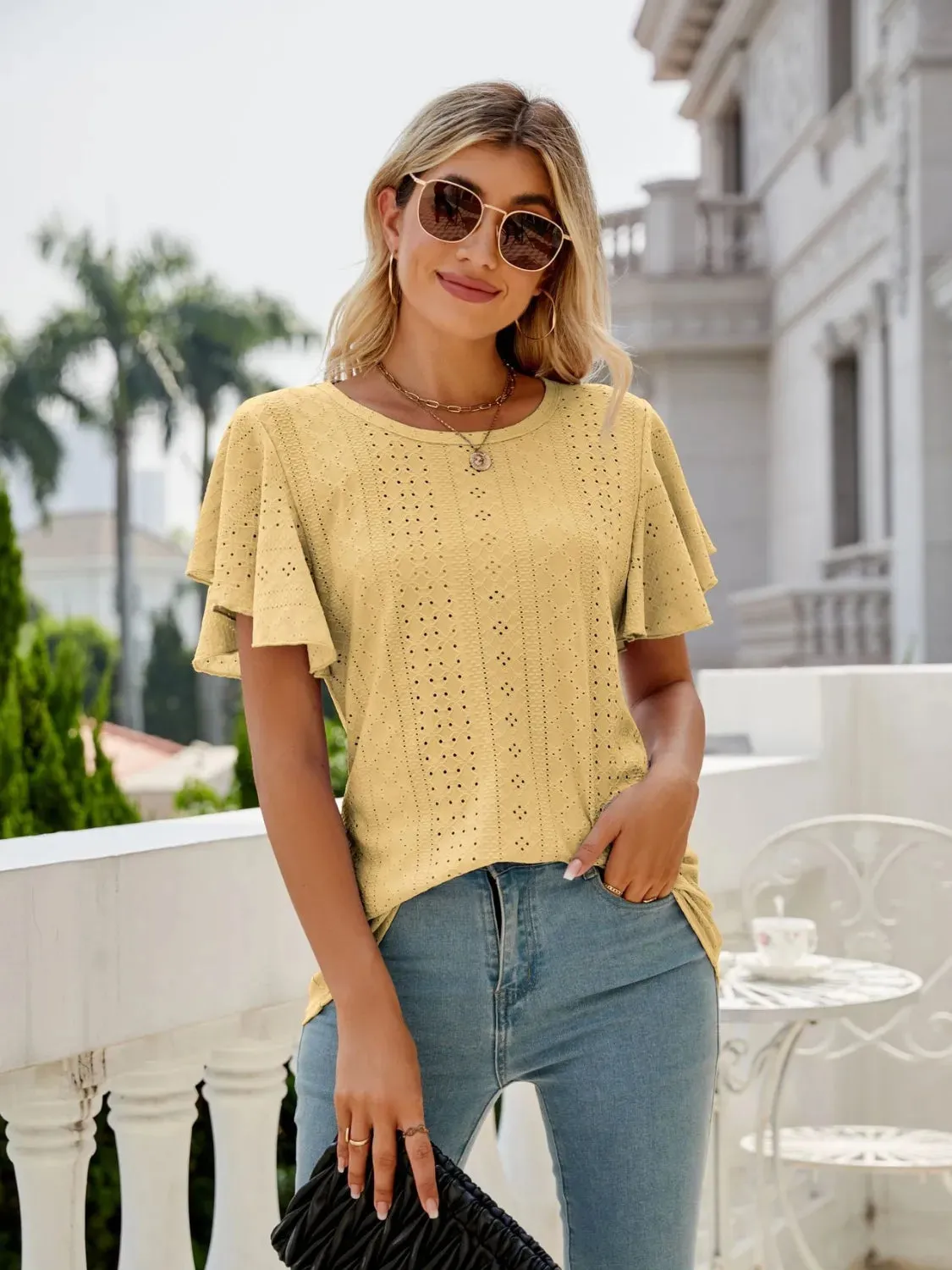 Eyelet Round Neck Flutter Sleeve T-Shirt sold by Charming Charlie product image thumbnail 5