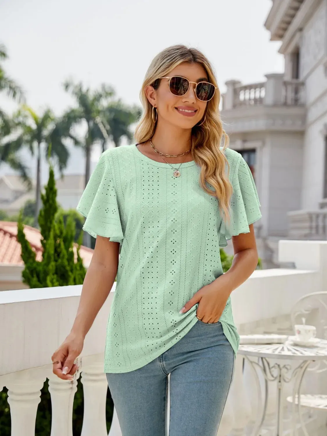 Eyelet Round Neck Flutter Sleeve T-Shirt sold by Charming Charlie product image thumbnail 3