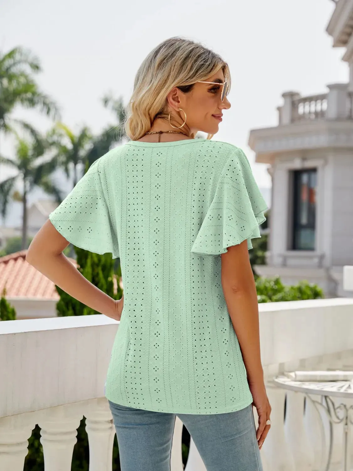 Eyelet Round Neck Flutter Sleeve T-Shirt sold by Charming Charlie product image thumbnail 4