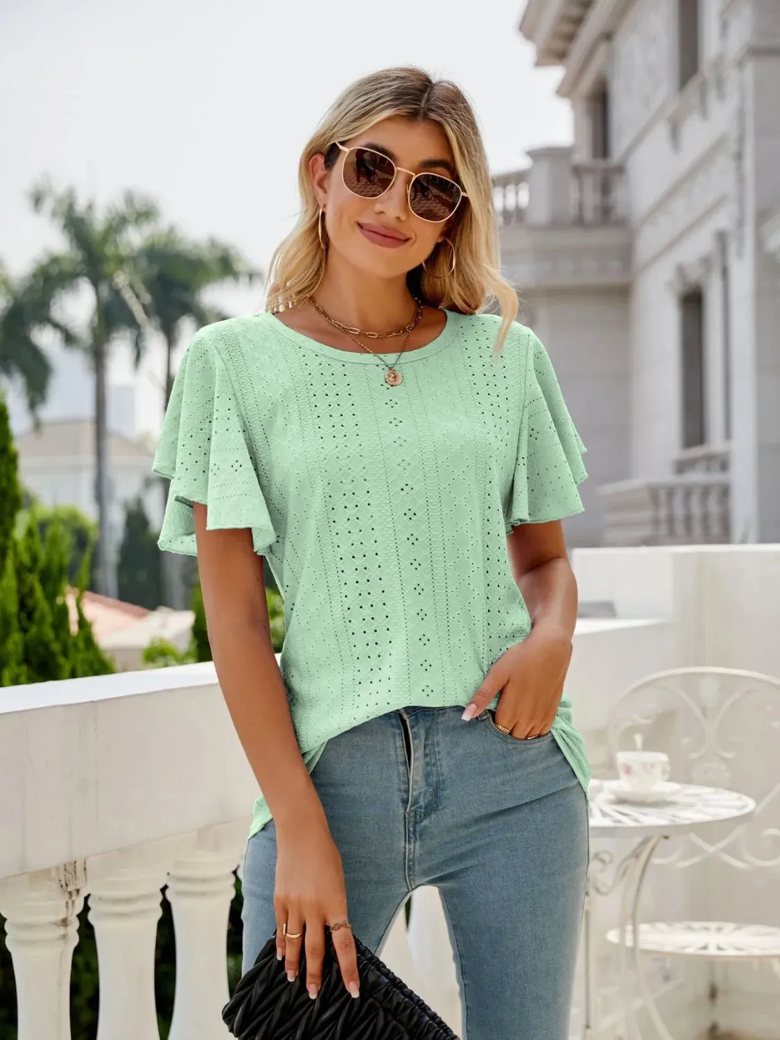 Eyelet Round Neck Flutter Sleeve T-Shirt sold by Charming Charlie product image thumbnail 2