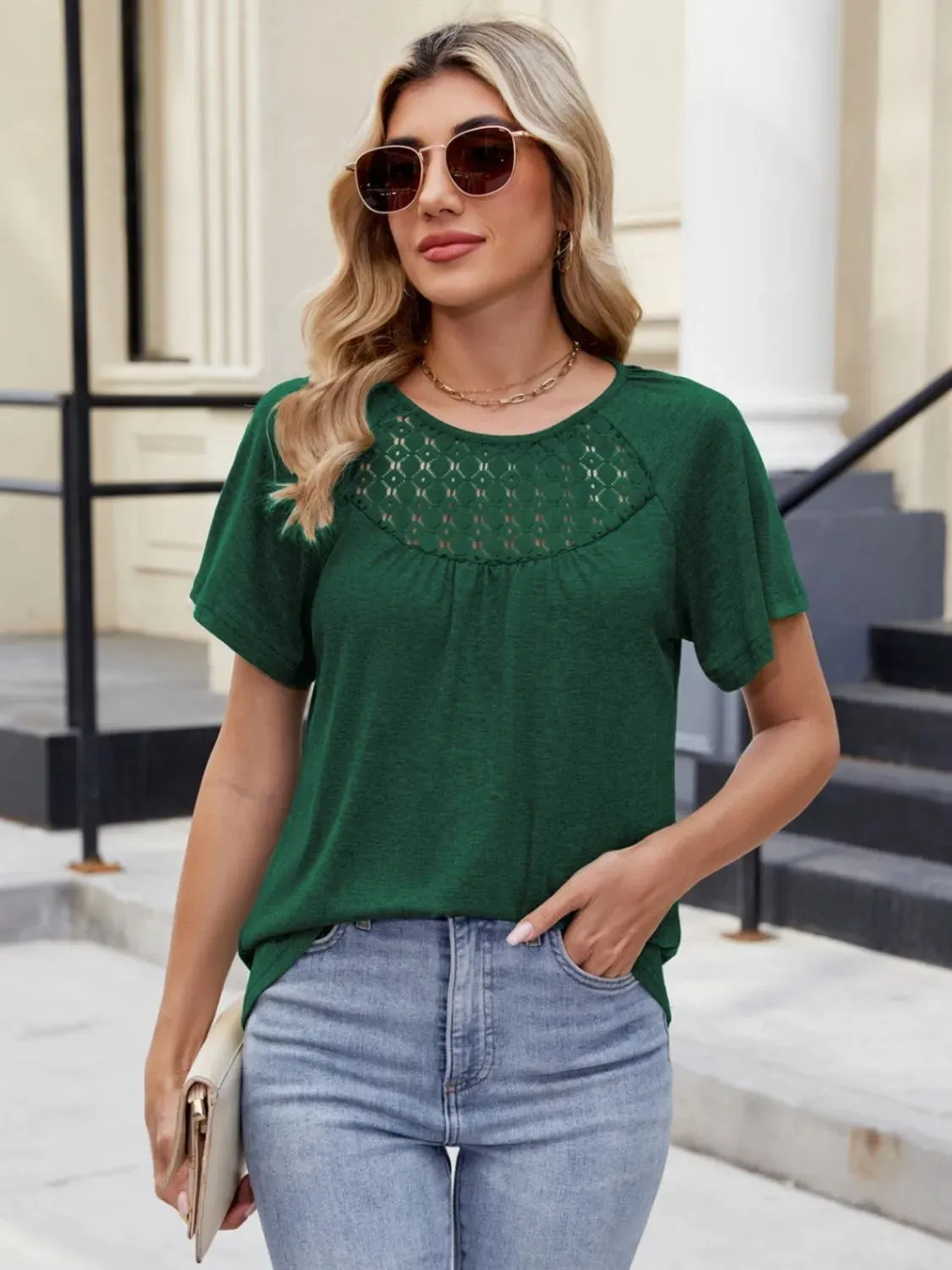 Lace Detail Round Neck Short Sleeve Blouse sold by Charming Charlie product image thumbnail 5