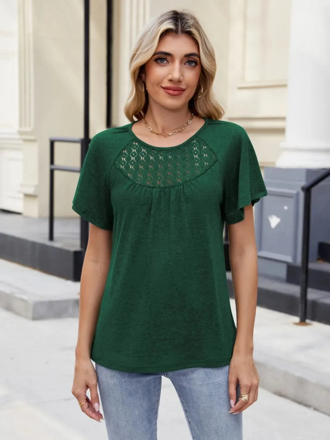 Lace Detail Round Neck Short Sleeve Blouse sold by Charming Charlie product image thumbnail 2