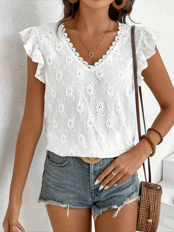 Ruffled Eyelet V-Neck Cap Sleeve Blouse sold by Charming Charlie