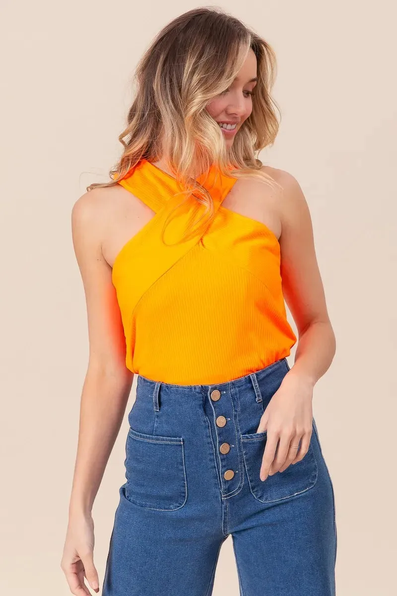 BiBi Rib Knit Cross Neck Banded Top sold by Charming Charlie