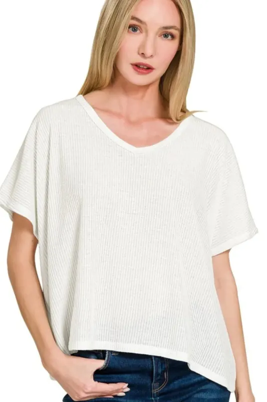 Zenana Ribbed V-Neck Short-Sleeve Knit Top sold by Charming Charlie