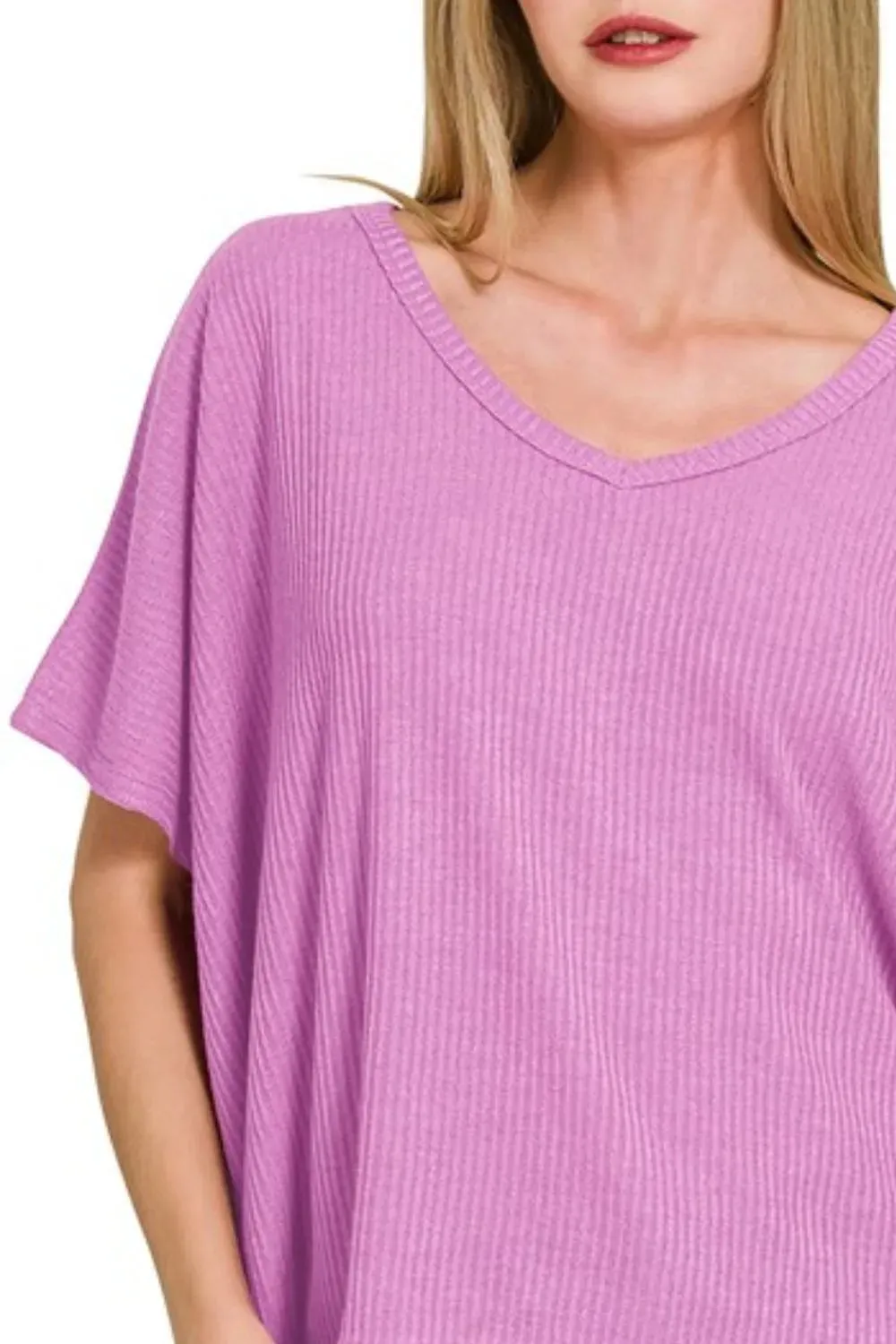 Zenana Ribbed V-Neck Short-Sleeve Knit Top sold by Charming Charlie product image thumbnail 2