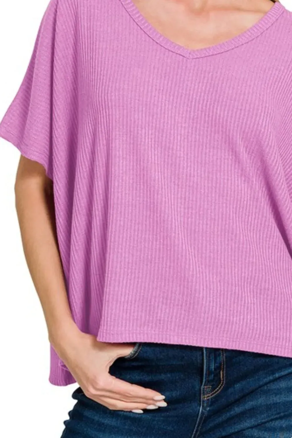 Zenana Ribbed V-Neck Short-Sleeve Knit Top sold by Charming Charlie product image thumbnail 3