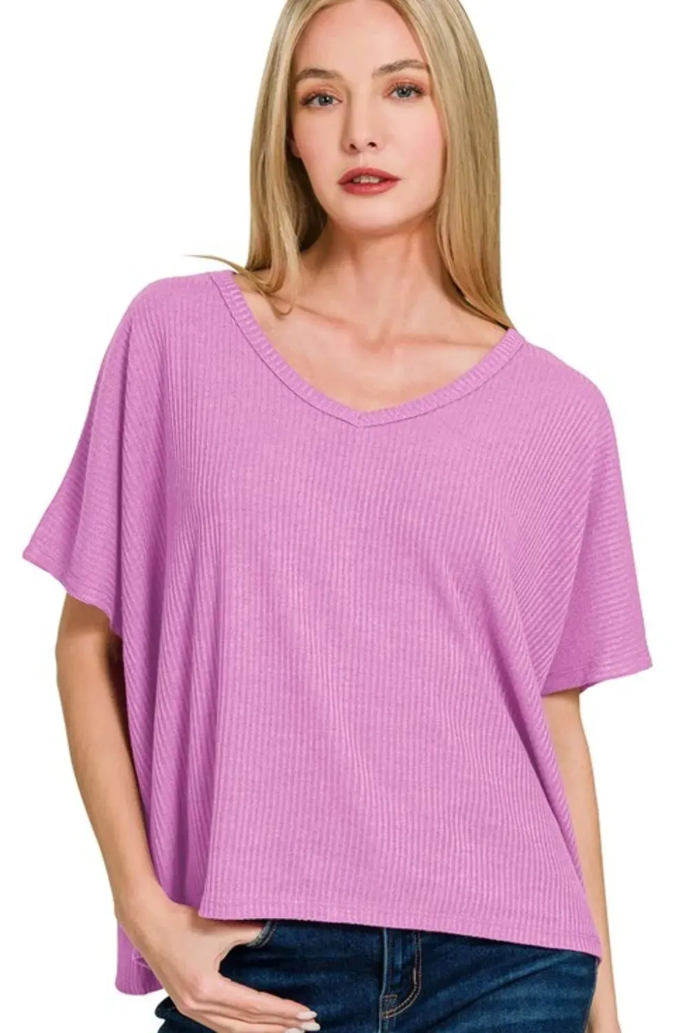 Zenana Ribbed V-Neck Short-Sleeve Knit Top sold by Charming Charlie