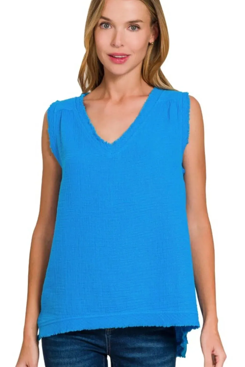 Zenana Double Gauze Raw Edge V-Neck Tank sold by Charming Charlie