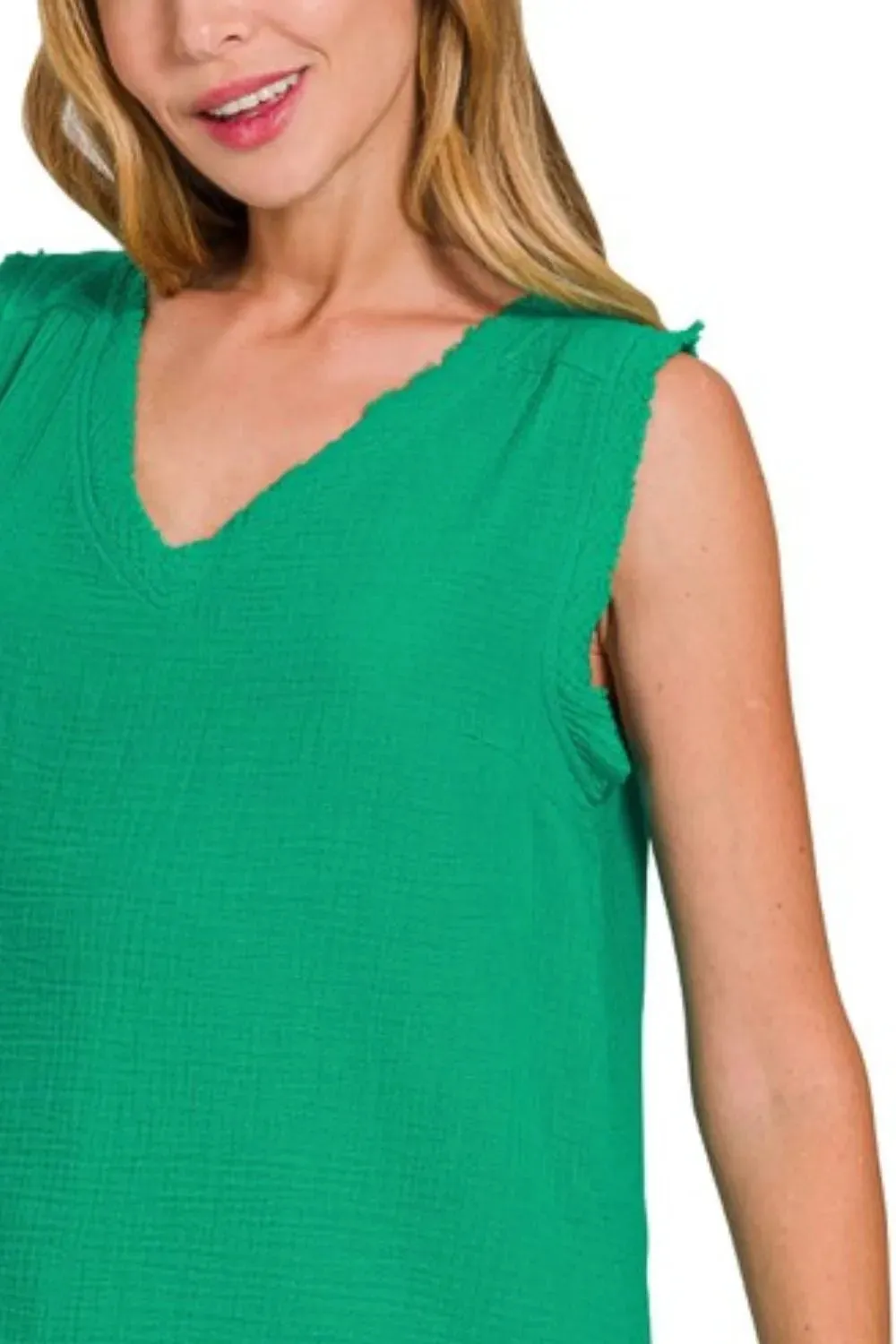 Zenana Double Gauze Raw Edge V-Neck Tank sold by Charming Charlie product image thumbnail 2