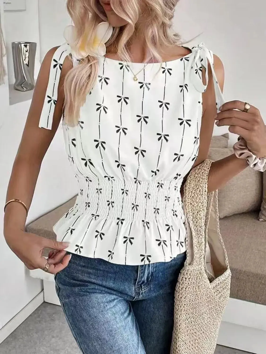 Bow Print Tie Shoulder Tank sold by Charming Charlie product image thumbnail 3