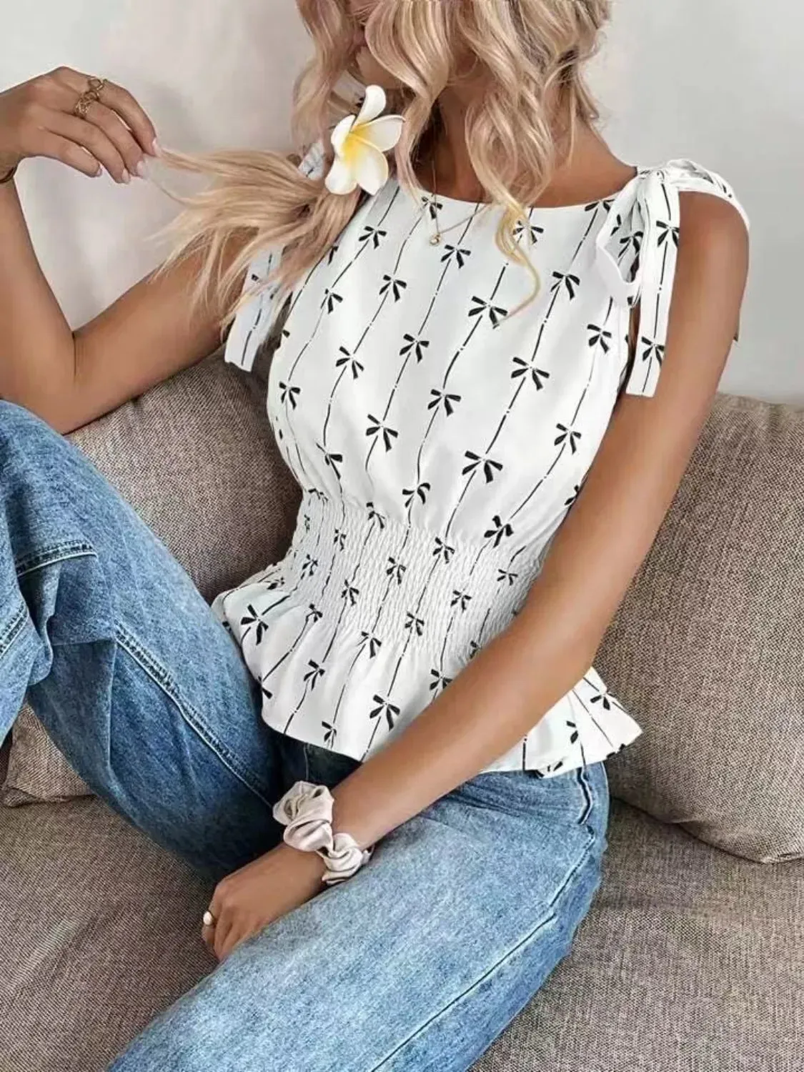 Bow Print Tie Shoulder Tank sold by Charming Charlie