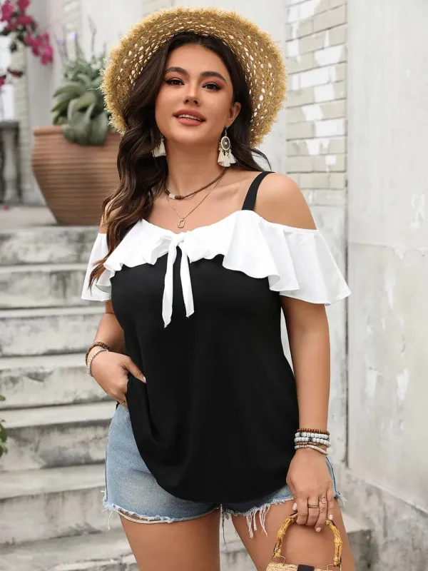 Plus Size Ruffled Contrast Short Sleeve Blouse sold by Charming Charlie