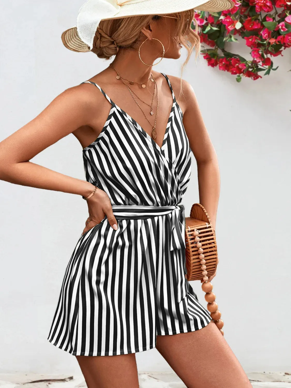 Striped Surplice Spaghetti Strap Romper sold by Charming Charlie product image thumbnail 4