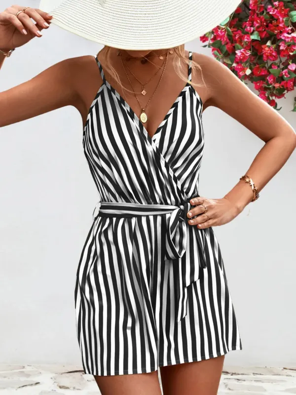 Striped Surplice Spaghetti Strap Romper sold by Charming Charlie