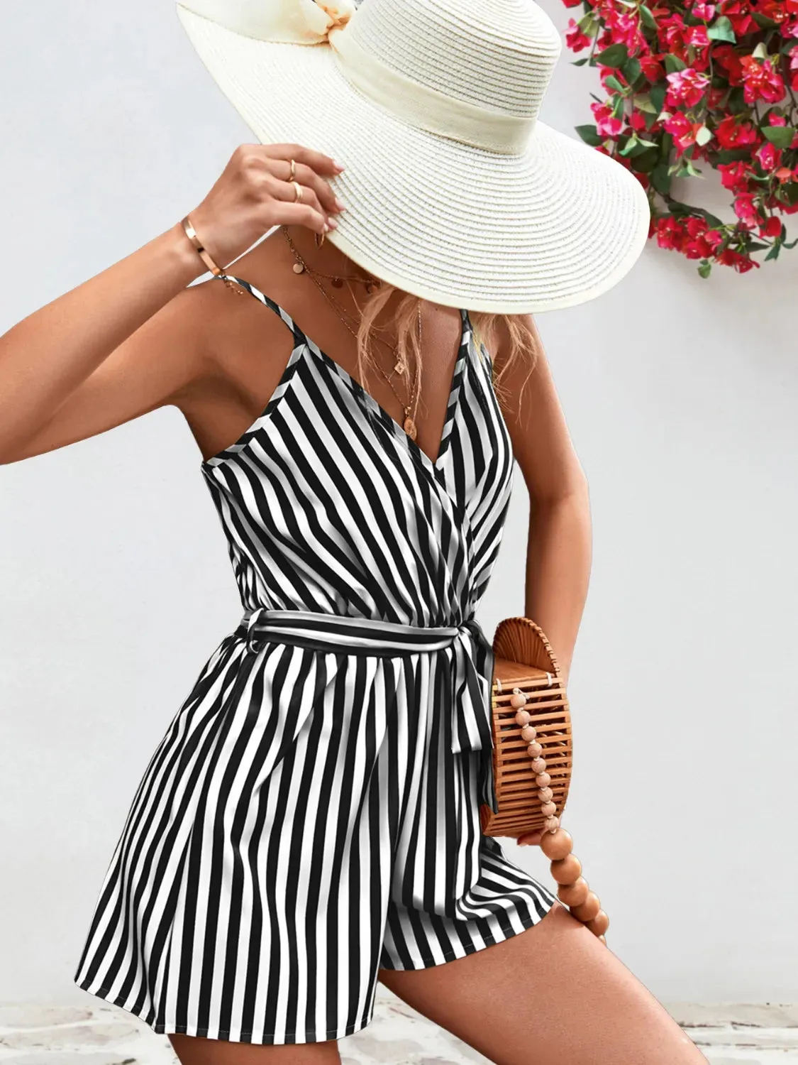 Striped Surplice Spaghetti Strap Romper sold by Charming Charlie product image thumbnail 5