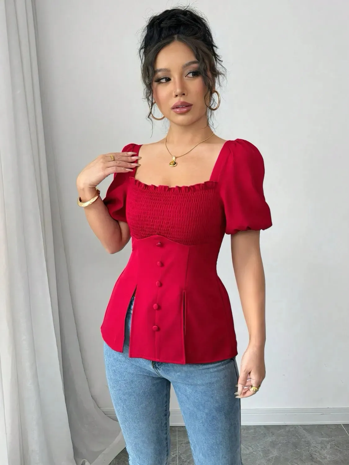 Slit Square Neck Short Sleeve Blouse sold by Charming Charlie product image thumbnail 5