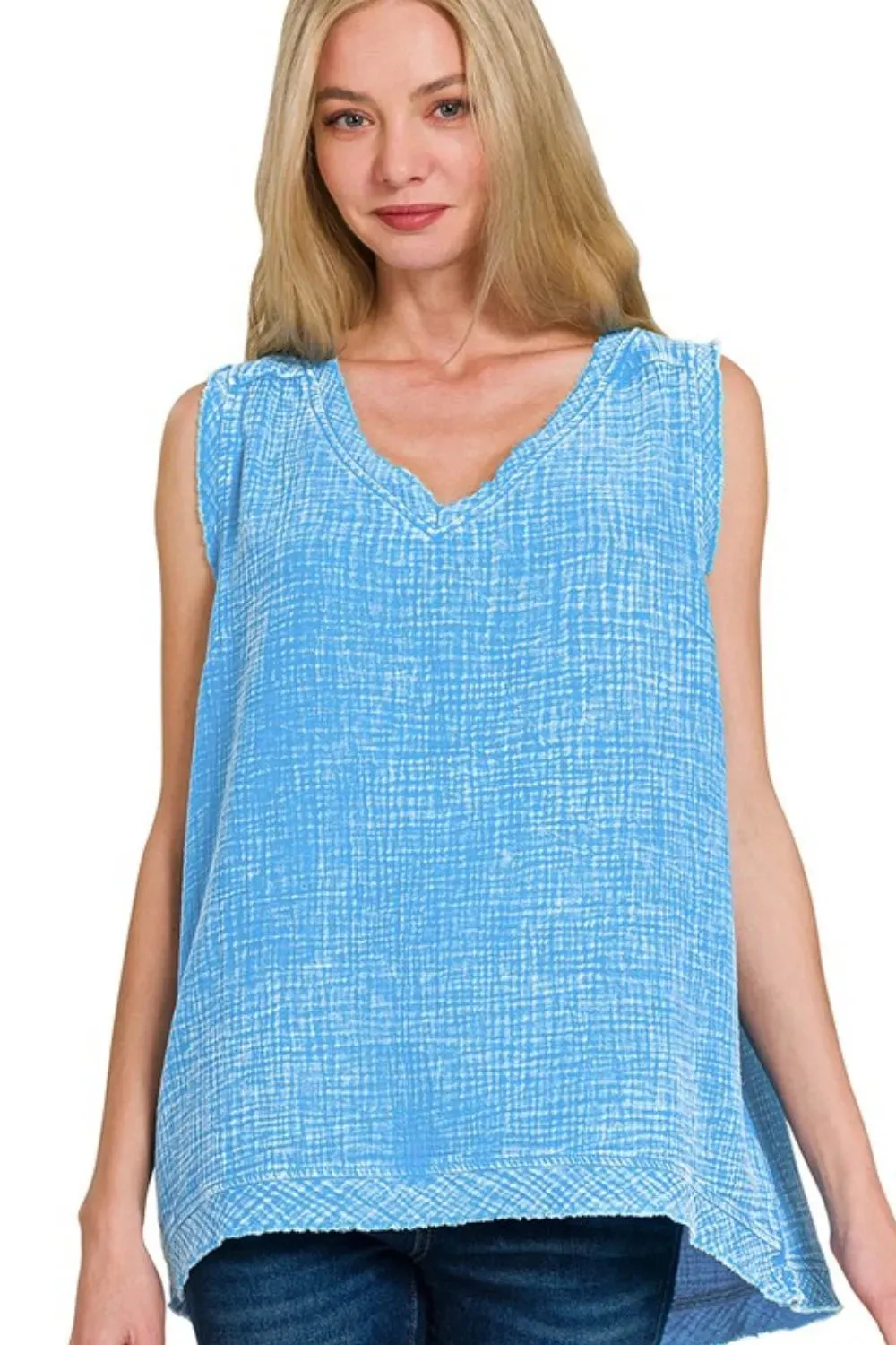 Zenana Double Gauze Raw Edge Acid Washed Tank sold by Charming Charlie
