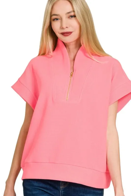 Zenana Ribbed High Neck Half Zip Top sold by Charming Charlie
