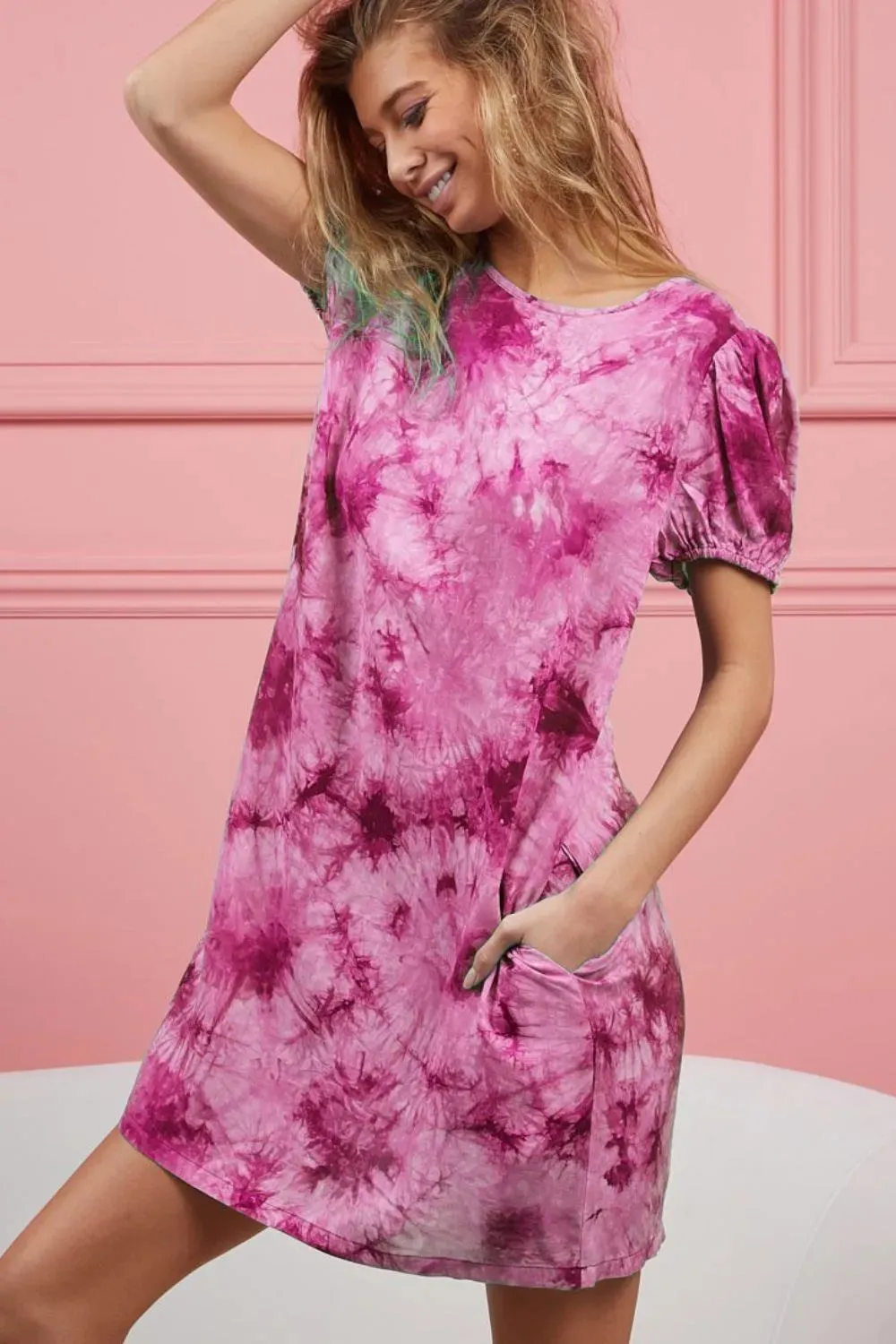 BiBi Puff Sleeve With Side Pockets Tie Dye Dress sold by Charming Charlie