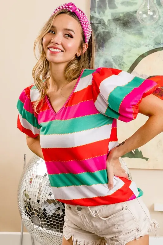 BiBi Multi Stripe Color Print Puff Sleeves V Neck Top sold by Charming Charlie