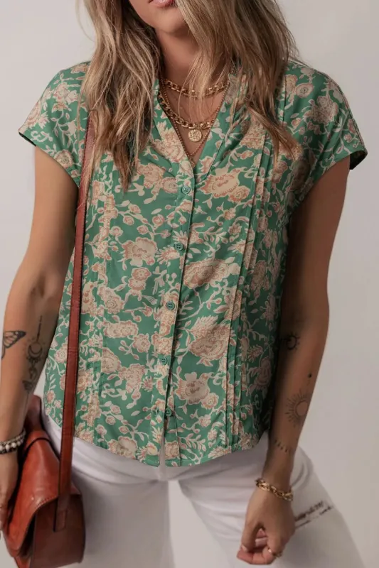 Printed Pleated Buttoned Notched Short Sleeve Blouse sold by Charming Charlie