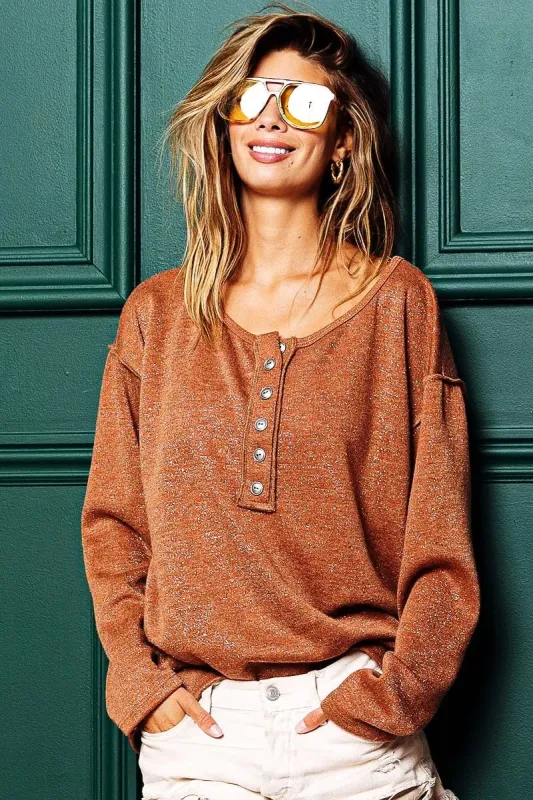 BiBi Mink Lurex Stitched Button Detail Top sold by Charming Charlie