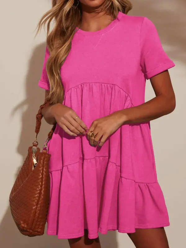 Tiered Round Neck Short Sleeve Mini Dress sold by Charming Charlie