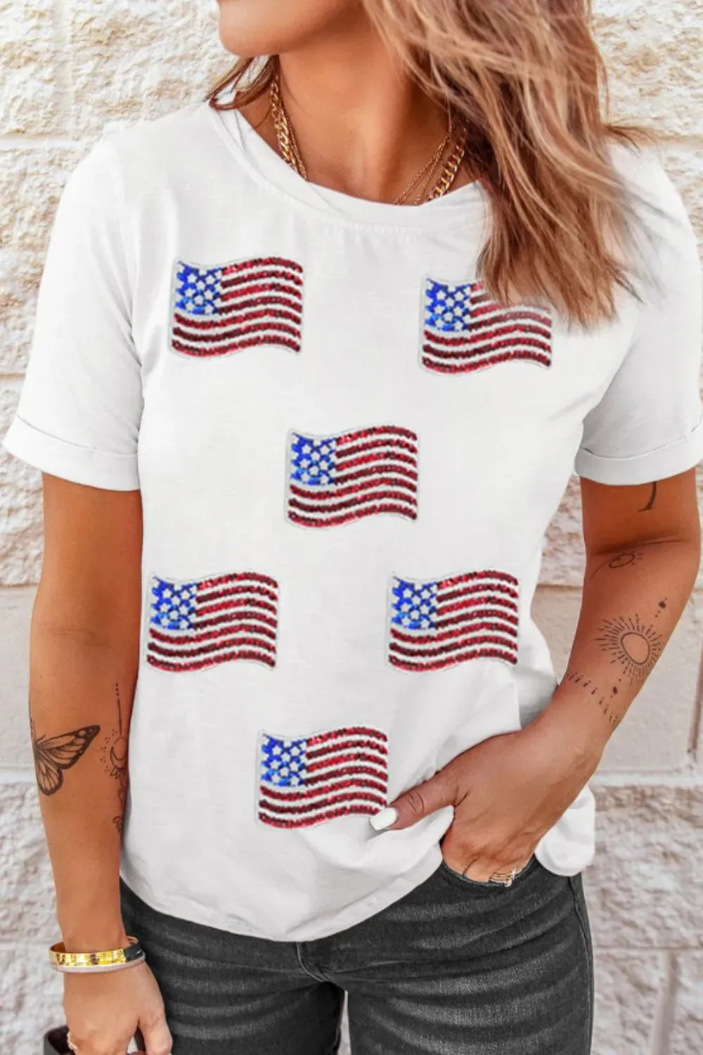 Sequin American Flag Patched Casual T Shirt sold by Charming Charlie
