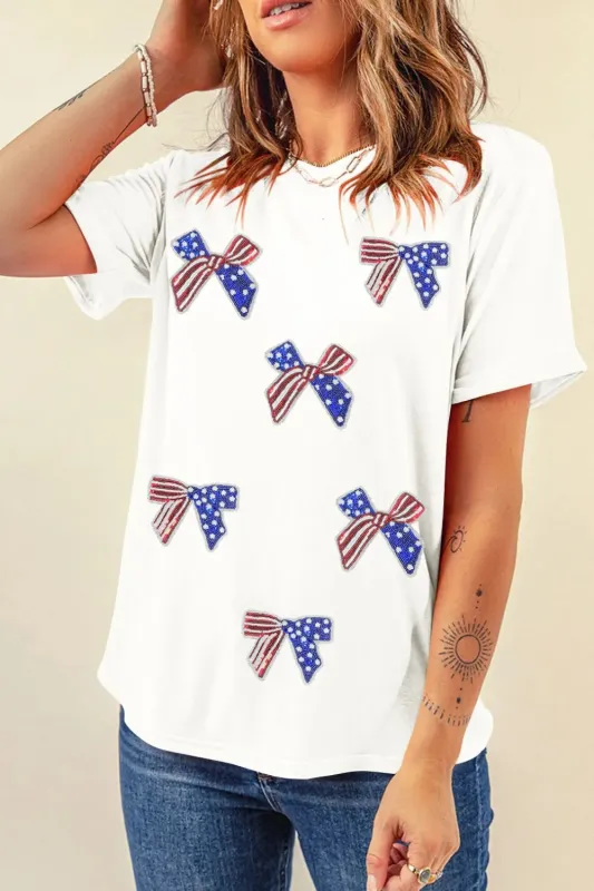 Sequin Flag Bow Pattern Crew Neck Patriotic Tee sold by Charming Charlie