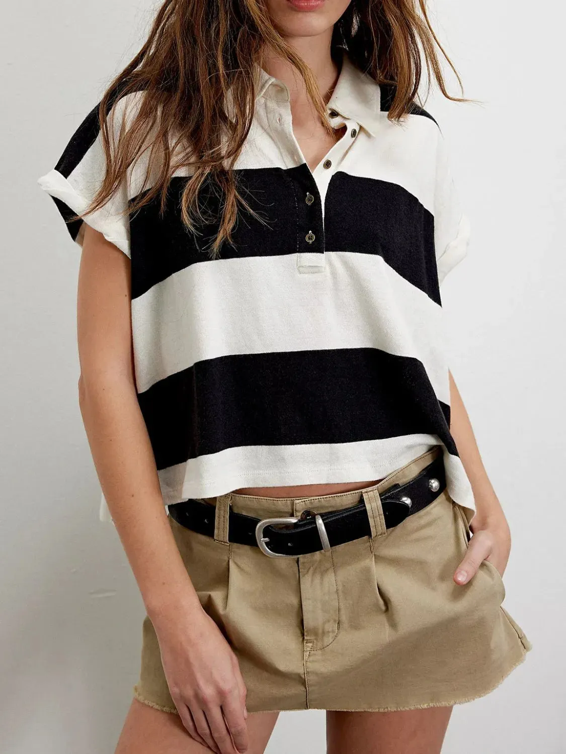 Striped Collared Neck Short Sleeve Top sold by Charming Charlie