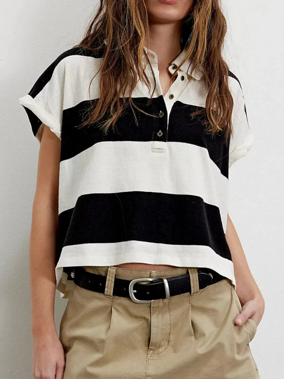 Striped Collared Neck Short Sleeve Top sold by Charming Charlie product image thumbnail 4
