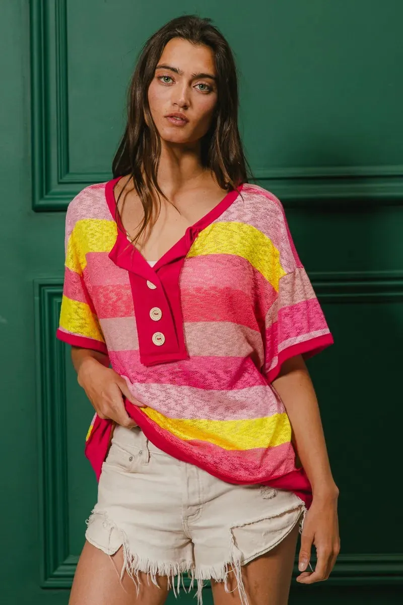 BiBi Multi Color Stripe Hacci Button Detail Ringer Top sold by Charming Charlie product image thumbnail 5