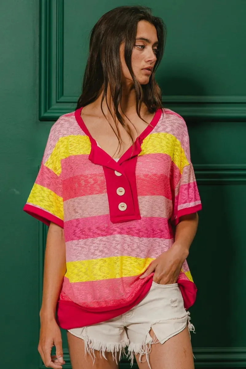 BiBi Multi Color Stripe Hacci Button Detail Ringer Top sold by Charming Charlie