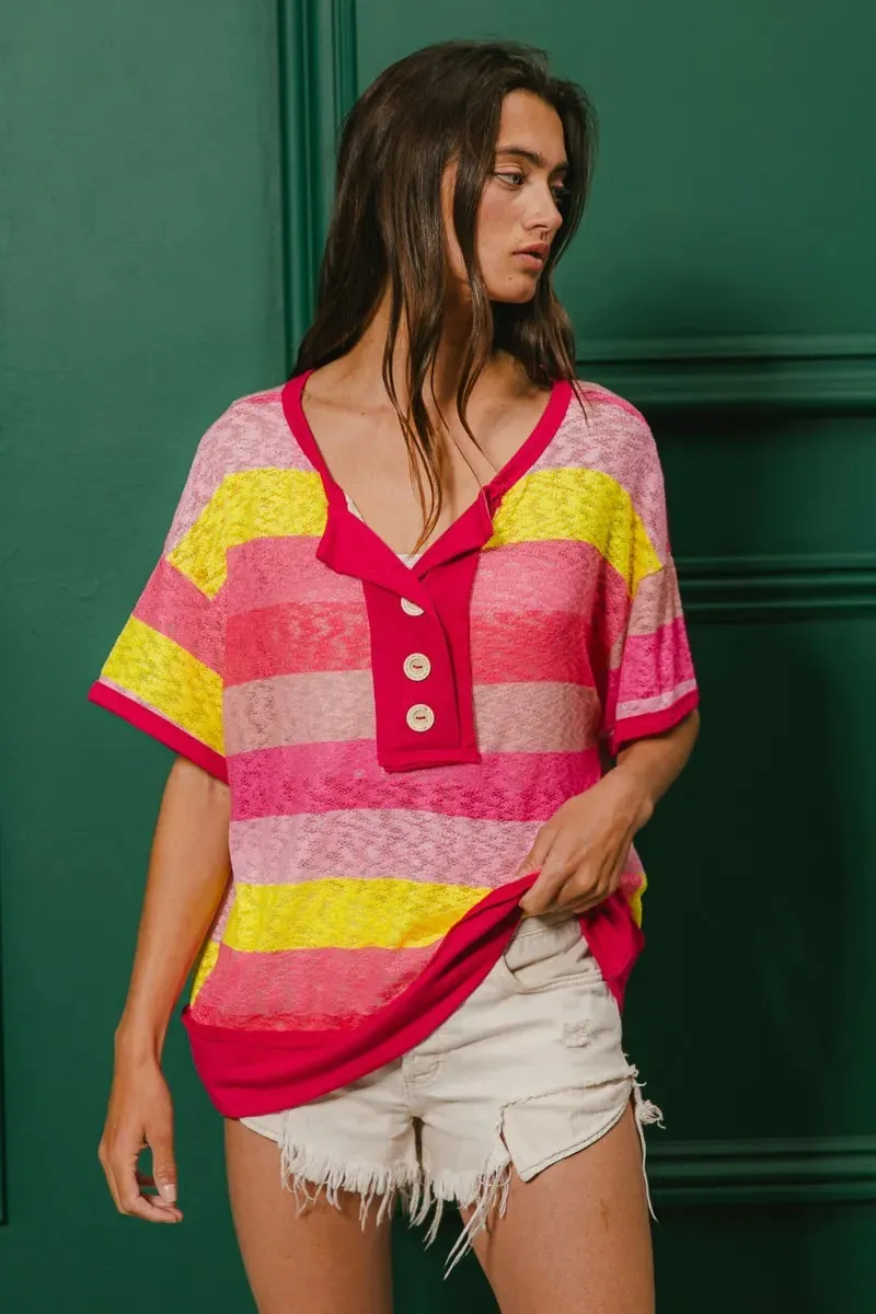 BiBi Multi Color Stripe Hacci Button Detail Ringer Top sold by Charming Charlie product image thumbnail 4
