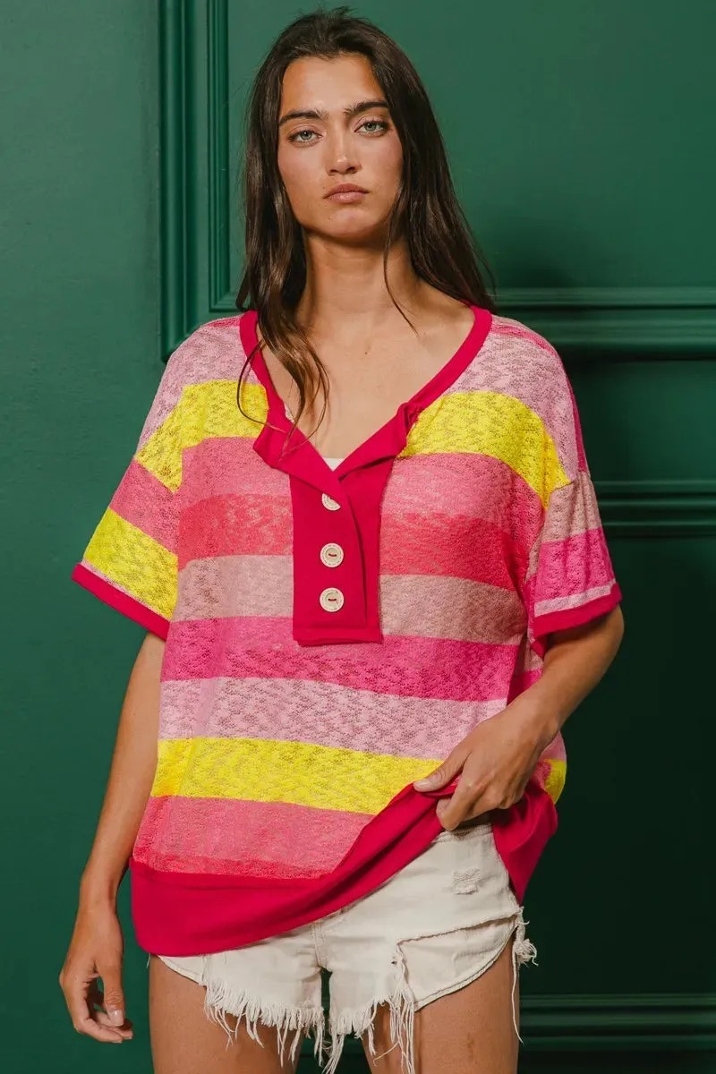 BiBi Multi Color Stripe Hacci Button Detail Ringer Top sold by Charming Charlie product image thumbnail 3