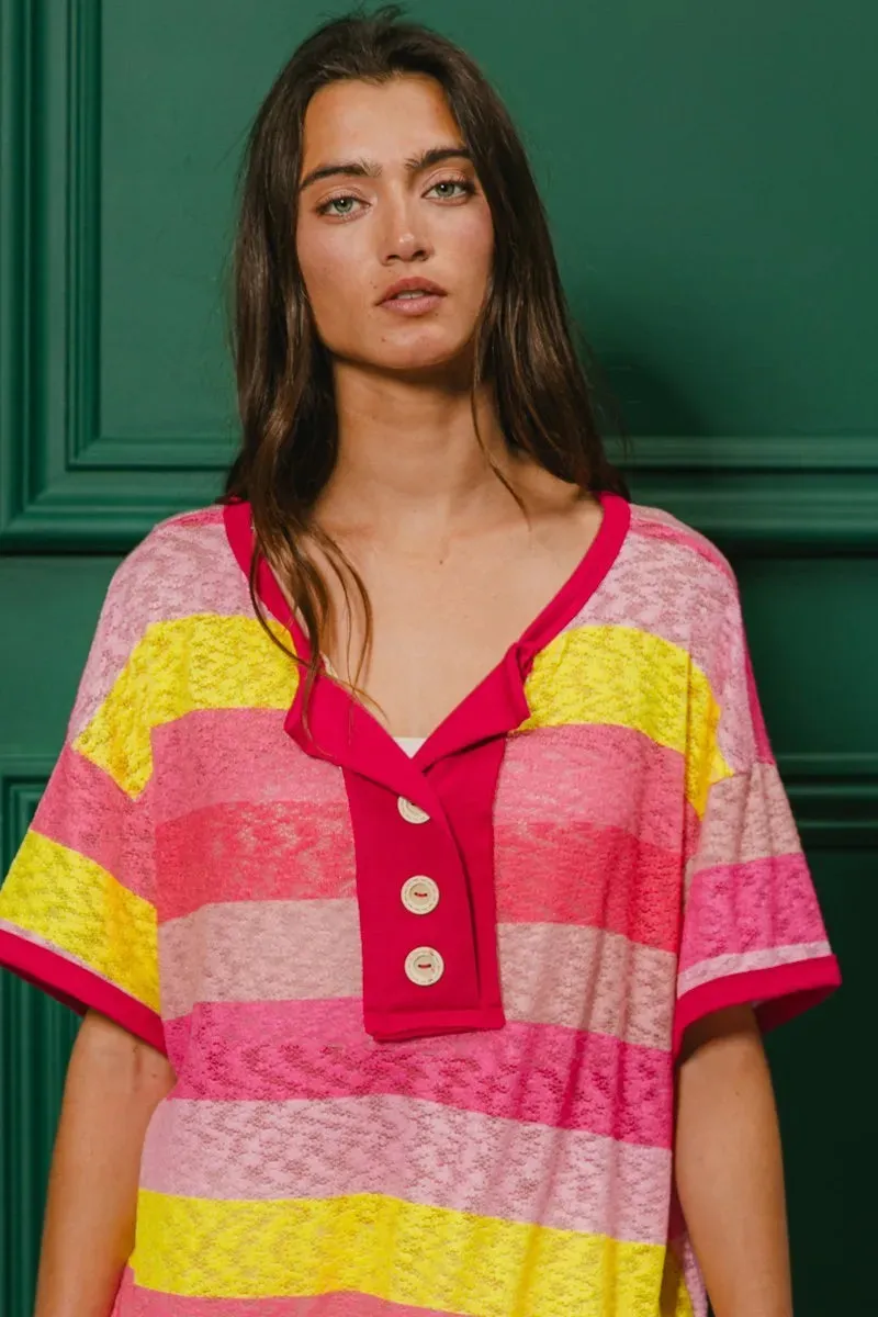 BiBi Multi Color Stripe Hacci Button Detail Ringer Top sold by Charming Charlie product image thumbnail 2