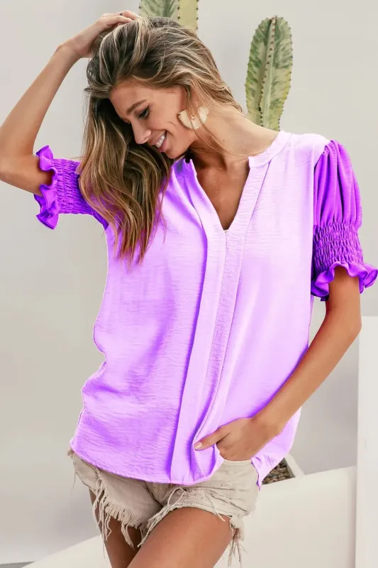 BiBi Air Flow Color Block Puff Sleeves V Neck Top sold by Charming Charlie