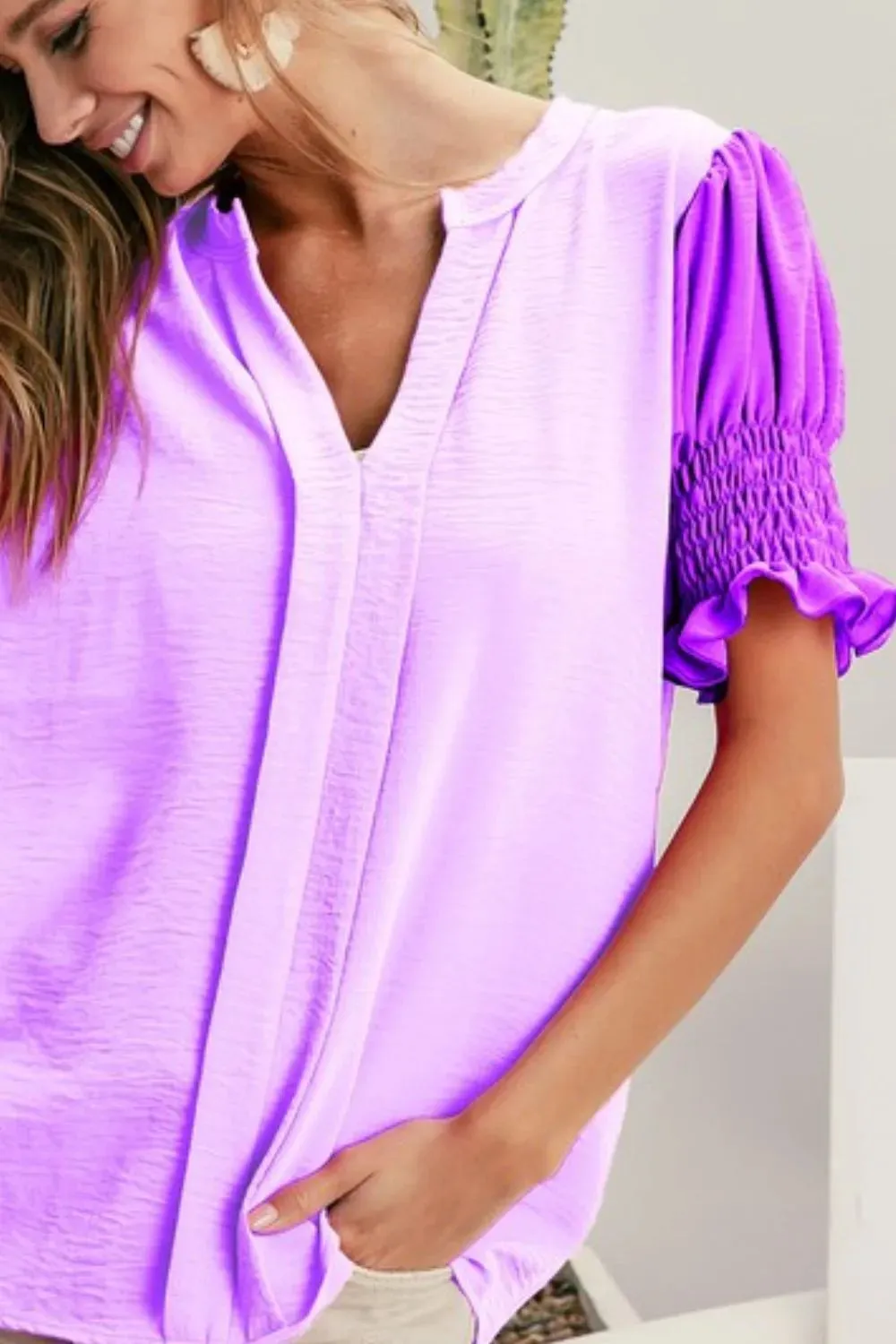 BiBi Air Flow Color Block Puff Sleeves V Neck Top sold by Charming Charlie product image thumbnail 2