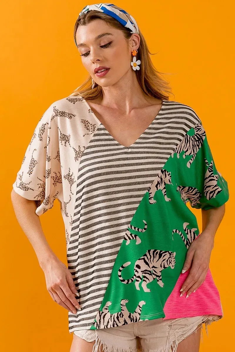 BiBi Tiger W Stripe Contrast Color Block V Neck Top sold by Charming Charlie product image thumbnail 2