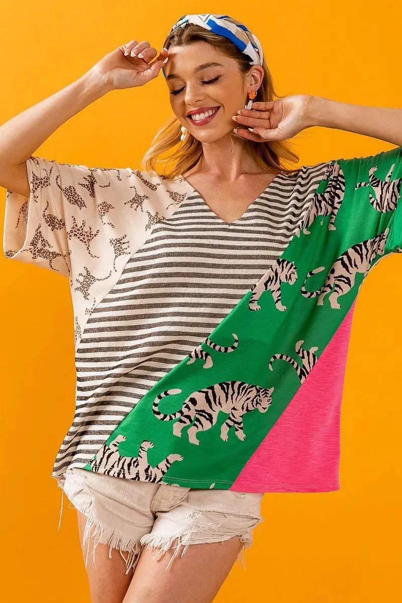 BiBi Tiger W Stripe Contrast Color Block V Neck Top sold by Charming Charlie product image thumbnail 4