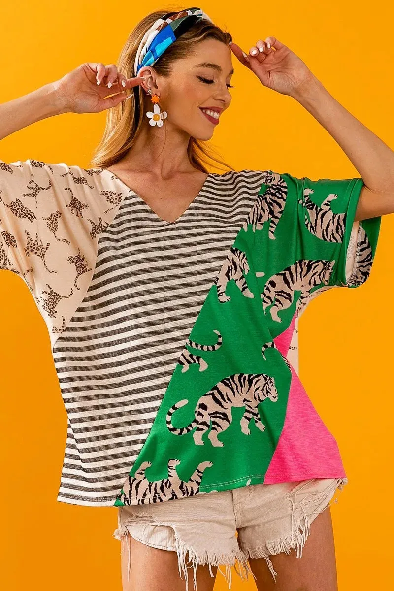 BiBi Tiger W Stripe Contrast Color Block V Neck Top sold by Charming Charlie