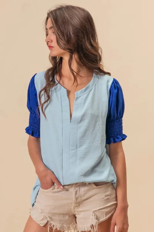 BiBi Air Flow Color Block Puff Sleeves V Neck Top sold by Charming Charlie