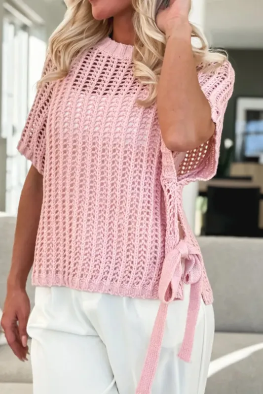 Hollow-out Crochet Side Tied Short Sleeve Knit Cover Up sold by Charming Charlie