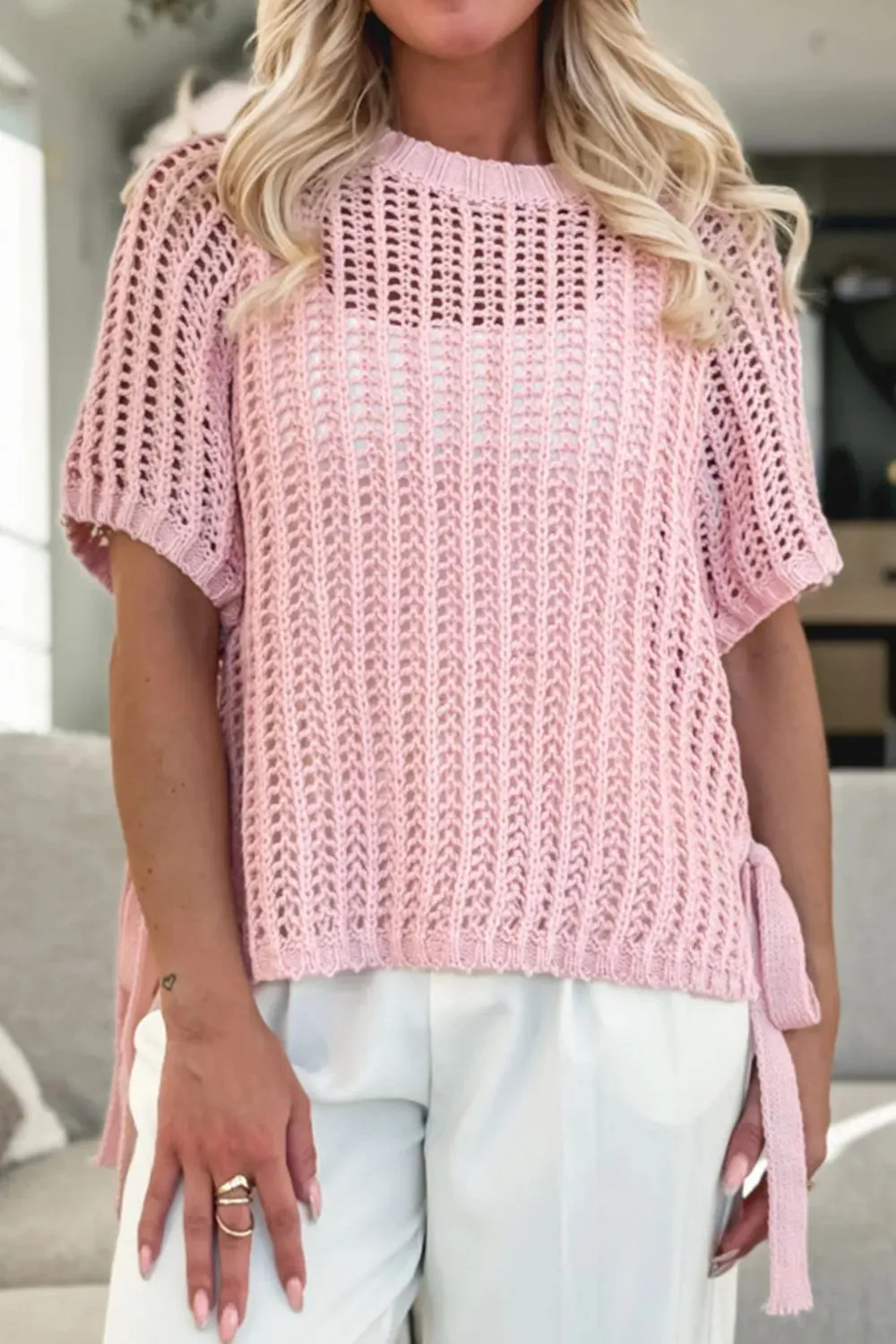 Hollow-out Crochet Side Tied Short Sleeve Knit Cover Up sold by Charming Charlie product image thumbnail 3