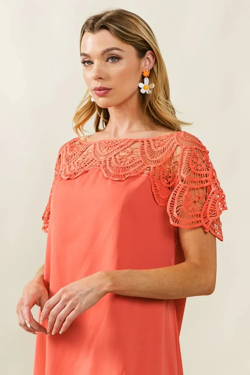 BiBi Crochet Lace Yoke Detailed Wrinkled Dress sold by Charming Charlie